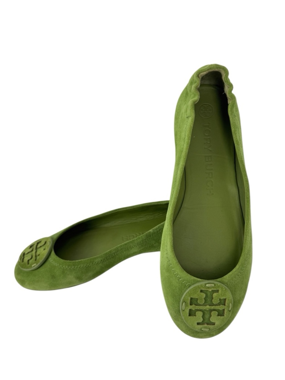 Tory Burch Minnie Travel Ballet Flats Green Suede Tonal Logo Size 7 Leather logo - Picture 14 of 15
